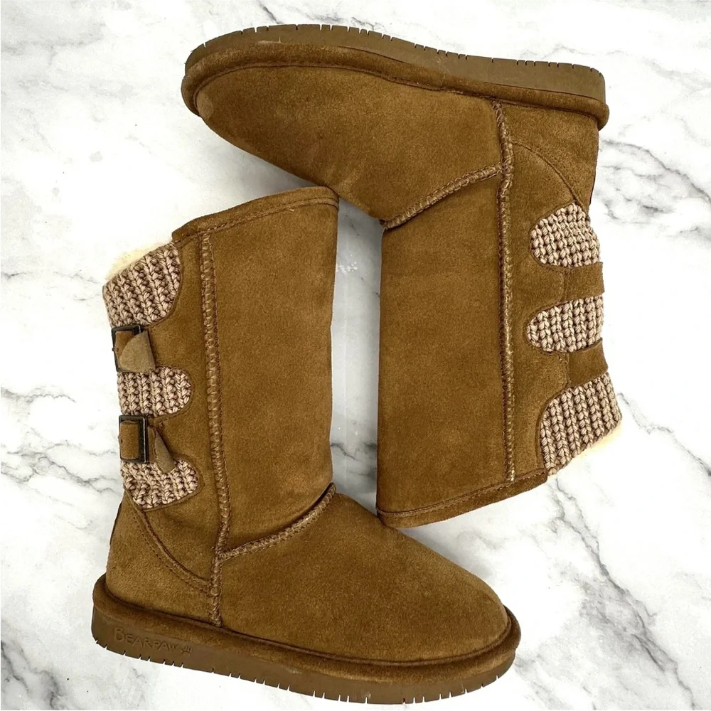 Bearpaw Boots Womens Size 6.5 Boshie Suede Knit Faux Fur Winter